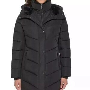 Andrew Marc Women's Mixed Media Hooded Puffer Walker Jacket Black XL